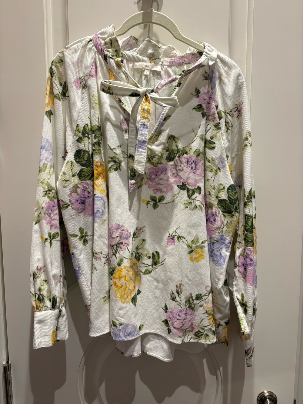 LoveShackFancy White Floral Tie-Neck Blouse with Pastel Blooms